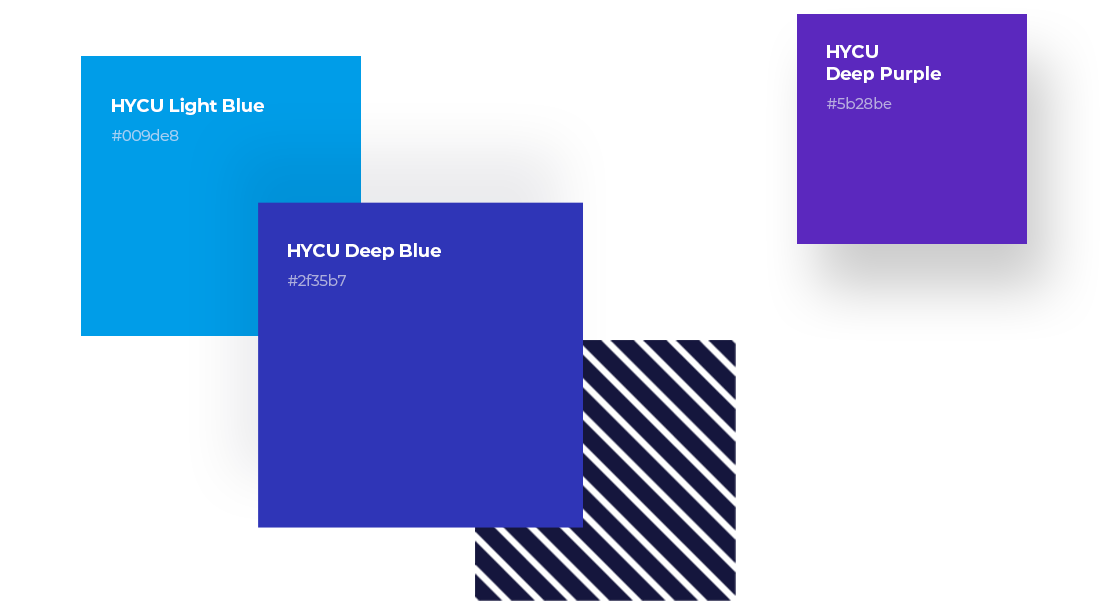 HYCU Light Blue #009de8, HYCU Deep Purple #5b28be, HYCU Deep Blue #2f35b7